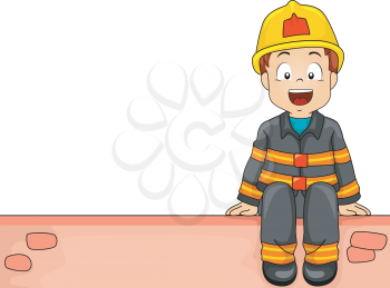 Illustration of a Little Boy Dressed as a Firefighter Sitting on a Brick Wall