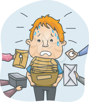 Illustration of a Tired and Sweaty Messenger Overwhelmed by Packages