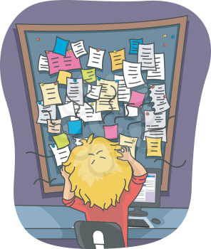 Illustration of a Stressed Out Man Looking at  Mountain of Sticky Notes