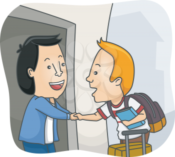 Illustration of a Man Welcoming a Homestay Student at His Home