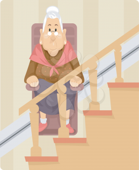 Illustration of a Female Senior Citizen Using a Wheelchair Lift to Climb Up the Stairs