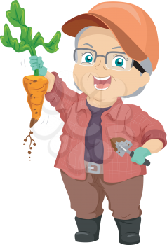 Illustration of a Proud Senior Citizen Showing the Carrot She Harvested