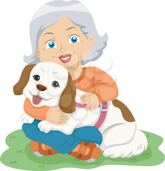 Illustration of a Female Senior Citizen Hugging Her Pet Dog