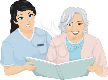 Illustration of a Nurse and a Female Senior Citizen Reading a Book Together