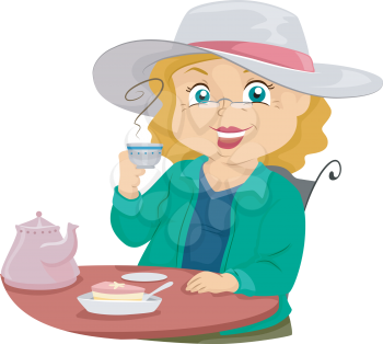 Illustration of a Female Senior Citizen Drinking Tea