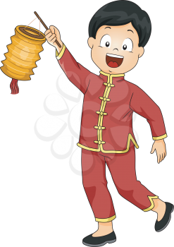 Illustration of a Boy Dressed in a Chinese Costume Carrying a Paper Lantern