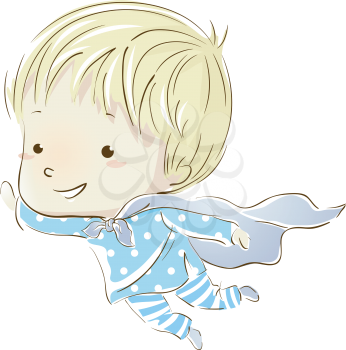 Illustration of a Little Boy in Pajamas Flying in His Dreams