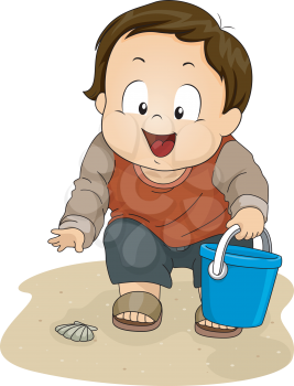 Illustration of a Little Boy Picking Seashells