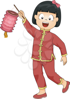 Illustration of a Little Girl Dressed in a Chinese Costume Carrying a Paper Lantern