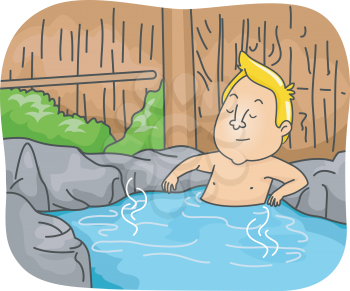 Illustration of a Man Having a Relaxing Time While Soaking in a Hot Spring