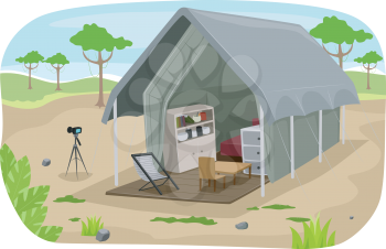 Illustration of a Well-Equipped Tent in the Middle of a Safari Park