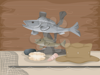 Illustration of a Stuffed Fish Mounted Above Fishing Gear