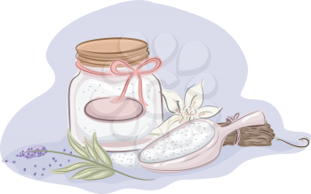 Illustration of a Jar of Homemade Bath Salt and Ingredients for Essential Oils