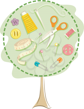 Illustration of a Tree Frame with Various Sewing Tools Inside