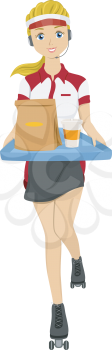 Illustration of a Teen Girl on Skates holding Tray with Food for Take Out