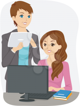 Illustration of a Teen Girl on her Computer with her Teacher