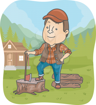Illustration of a Lumber Jack Holding an Axe Standing on a Tree Stump