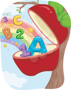 Illustration of an Apple with Numbers and Letters Popping from It