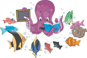 Illustration of an Octopus Teaching a School of Fish