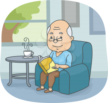 Illustration of an Elderly Man Reading a Book While Waiting for His Tea to Cool Down