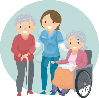Stickman Illustration of a Caregiver Assisting Elderly Patients