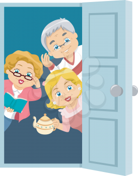 Illustration of Seniors Welcoming Guests to a House Party