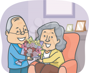 Illustration of an Elderly Man Giving a Bouquet of Flowers to an Elderly Woman