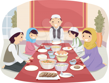 Stickman Illustration of a Muslim Family Eating Together