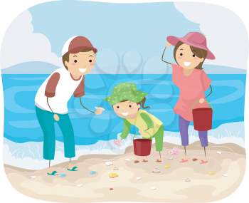 Stickman Illustration of a Family Picking Shells at the Beach