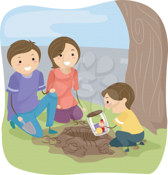 Stickman Illustration of a Family Burying a Time Capsule Together