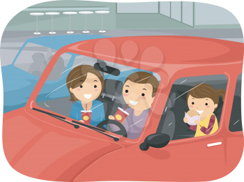 Stickman Illustration of a Family Eating Fast Food Inside Their Car