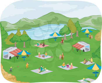 Illustration of Families Having a Picnic Near a Lake