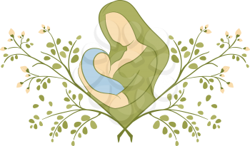 Illustration of a Mother Breastfeeding on Top of a Moringa Plant