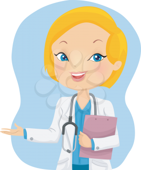 Illustration of a Blonde Girl Doctor holding a Clipboard presenting something