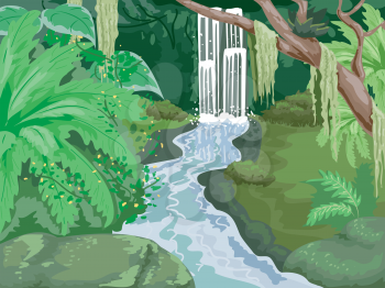 Illustration of a Tropical Forest with a Waterfall in the Middle