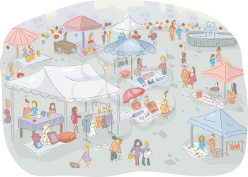 Illustration of a Flea Market Filled with People Out Shopping