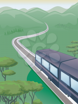 Illustration of a Train Traveling Through Mountains