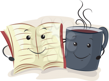 Mascot Illustration of a Book and a Cup of Coffee Hanging Together