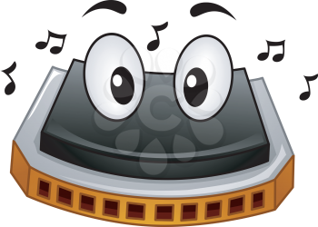 Mascot Illustration of a Harmonica Surrounded by Music Notes