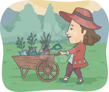 Illustration of a Girl Pushing a Cart Full of Plants and Garden Tools