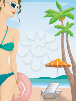 Illustration of a Sexy Girl in a Two Piece Bikini Relaxing in the Beach