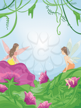 Illustration of Tiny Fairies Sitting on Flowers in a Mystical Forest