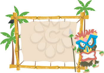 Illustration of a Man Wearing a Tiki Mask Standing Beside a Wooden Banner