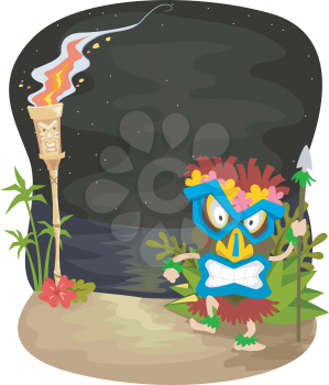 Illustration of a Night Scene with a Man Wearing a Tiki Mask Standing Near a Tiki Torch