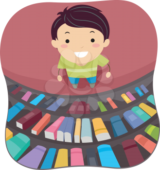Illustration of a Little Boy Scanning the Books in the Library