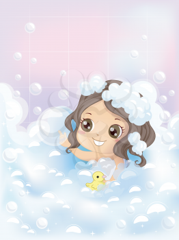 Illustration of a Little Girl Playing with Bubbles and a Rubber Duckie While She Bathes - eps10