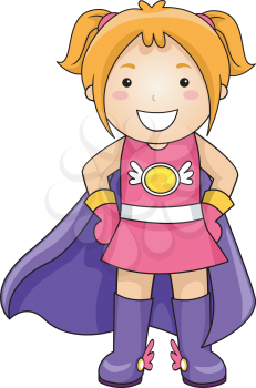 Illustration of a Little Girl Wearing a Superhero Costume Complete with a Cape
