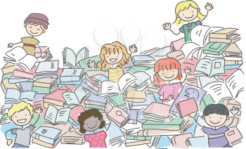 Stickman Illustration of Kids Playing Around a Big Pile of Books