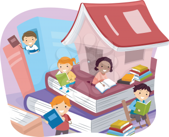 Illustration of Kids Reading Books While Sitting on Giant Ones