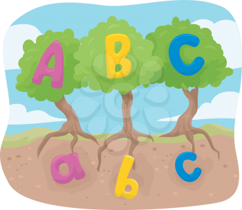 Illustration of Lower Case and Upper Case Letters of the Alphabet Represented by Seeds and Trees